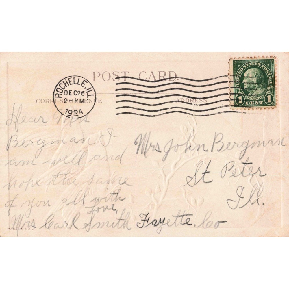 Vintage 1924 Best Wishes Postcard Birds Embossed Rochelle IL 1c Franklin Stamp - Picture 2 of 2